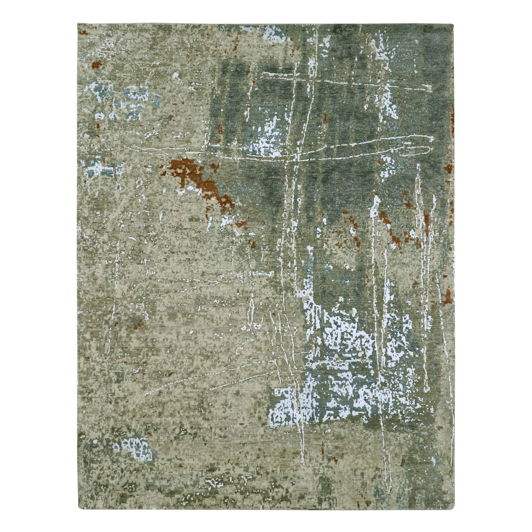 Beige with Green, Pure Wool, Abstract with Galaxy Design, Persian Knot, Hand Knotted, Densely Woven, Oriental Rug